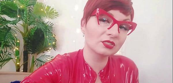 PVC play sexy girl teasing in vinyl shiny tight clothes